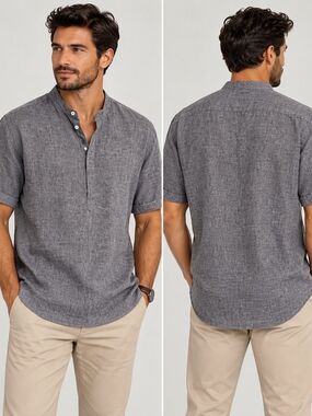 Men's Short-Sleeve Henley Button-Front Shirt — Charcoal
